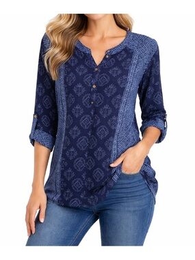 Women's Navy Printed Henley Tunic Top